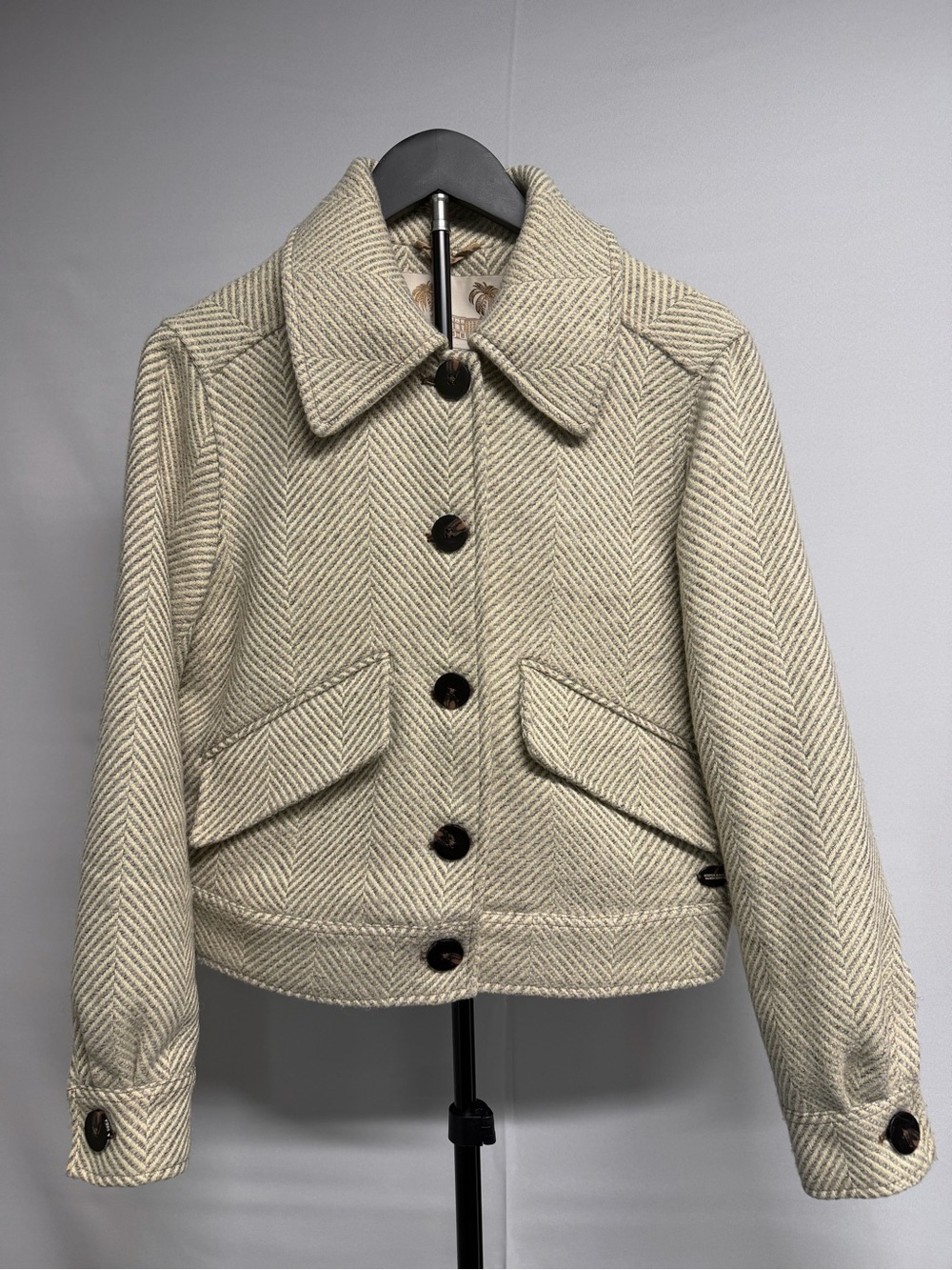 Scotch & Soda Cream & Tan Herringbone Wool Blend Cropped Jacket